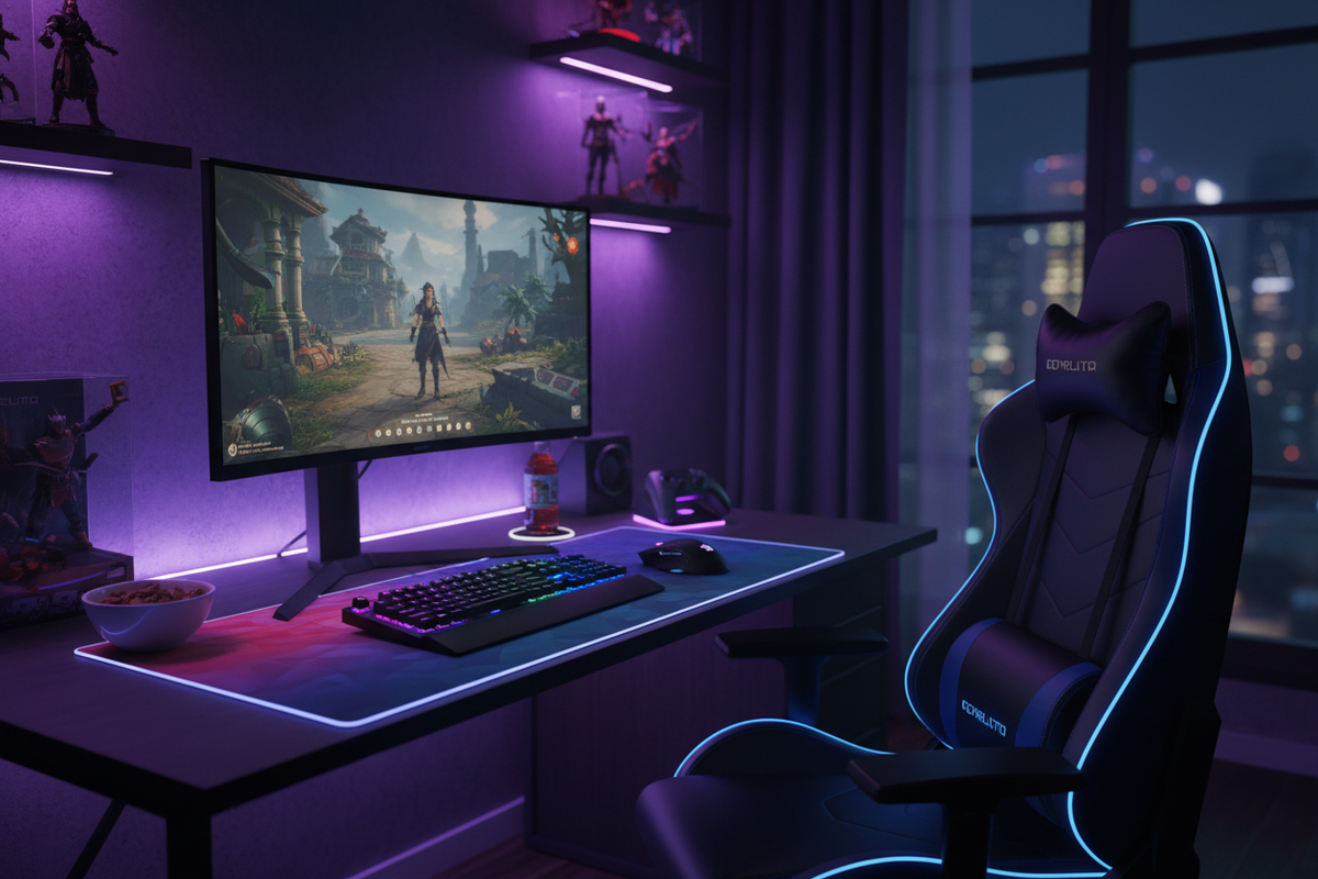 Gaming desk setup with all bundle items in use, atmospheric RGB lighting
