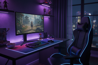 Gaming desk setup with all bundle items in use, atmospheric RGB lighting