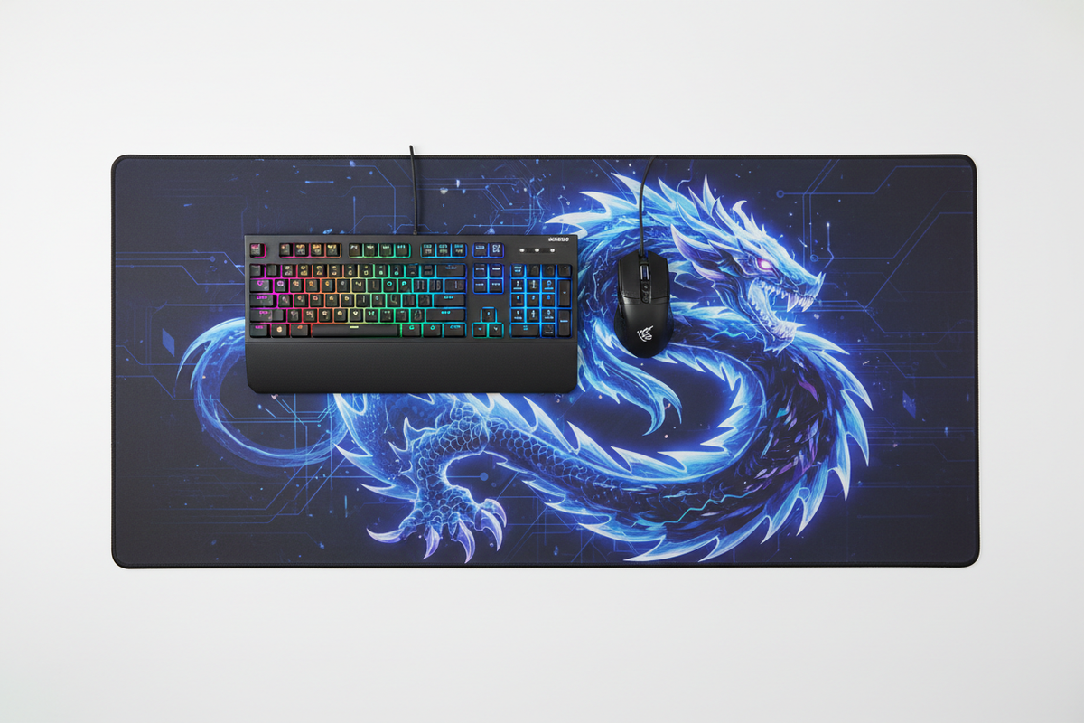 Full gaming desk mat flat lay with keyboard and mouse