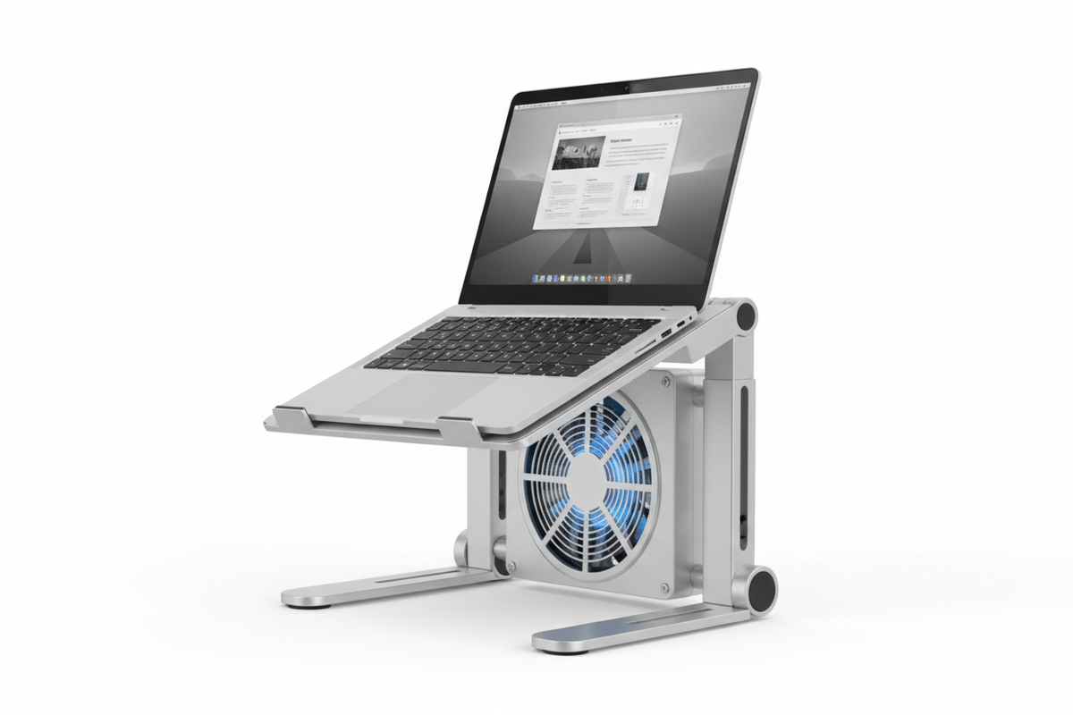 Laptop stand with cooling fan showing adjustable height and fan vents