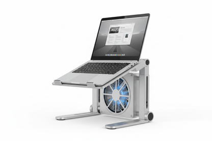Laptop stand with cooling fan showing adjustable height and fan vents