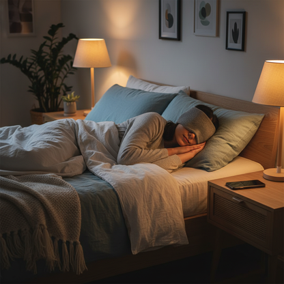 Person sleeping peacefully wearing a Bluetooth sleep headband in a cozy bedroom