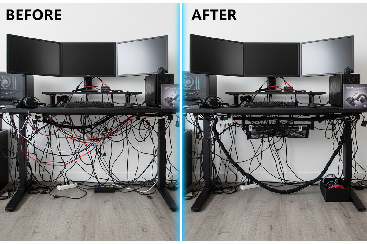 Before and after gaming desk cable organization