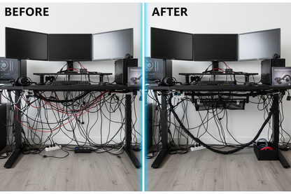 Before and after gaming desk cable organization