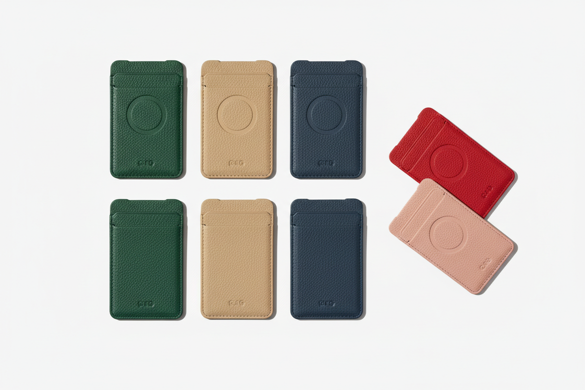 Slim MagSafe card holder flat lay showing multiple color options