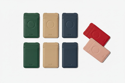 Slim MagSafe card holder flat lay showing multiple color options