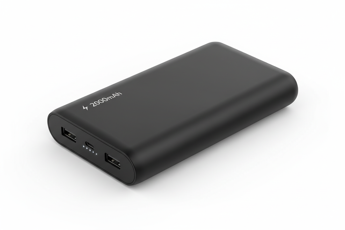 Slim 20000mAh portable power bank showing ports and LED indicator