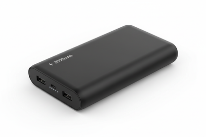 Slim 20000mAh portable power bank showing ports and LED indicator