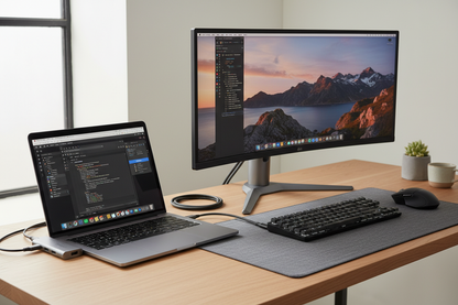 USB-C hub connected to MacBook with monitor and peripherals on desk