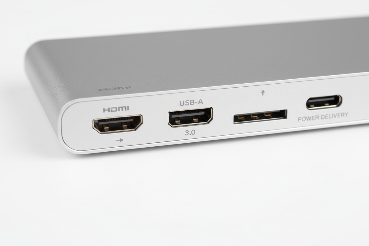 Close up of USB-C hub ports showing HDMI, USB-A and SD card slot