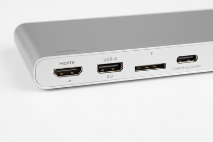 Close up of USB-C hub ports showing HDMI, USB-A and SD card slot