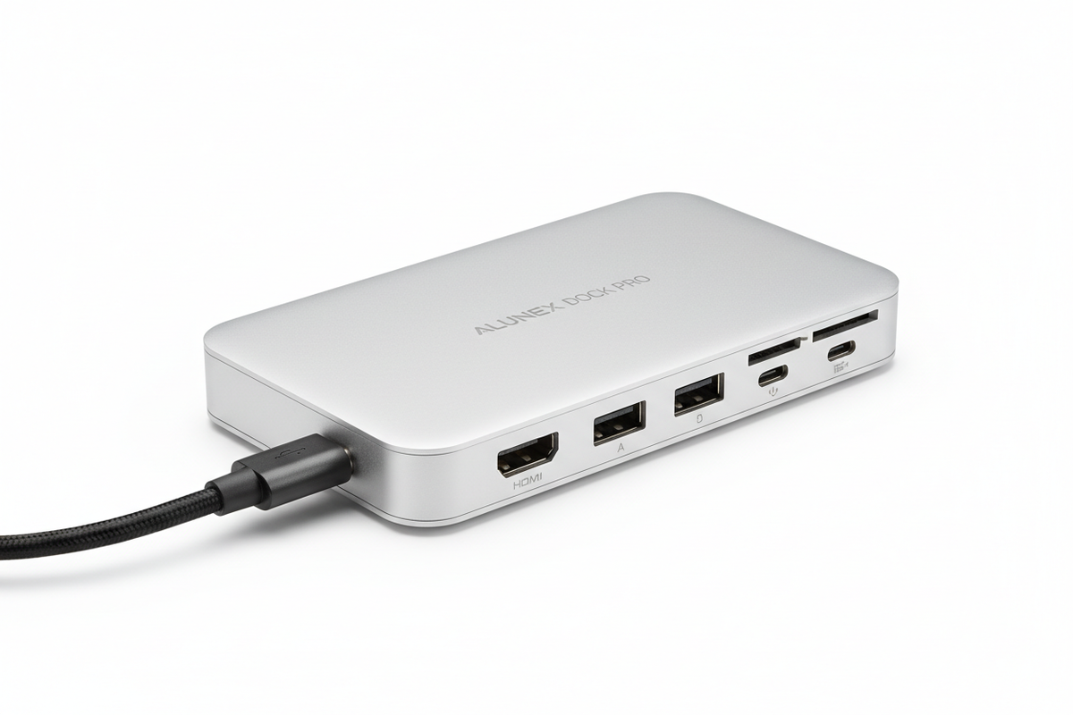 7-in-1 USB-C hub with HDMI, USB-A and SD card ports on white background