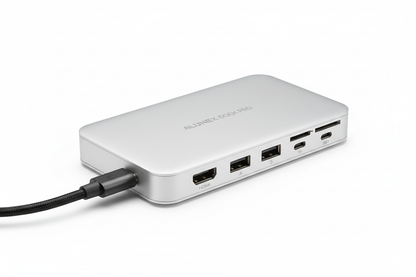 7-in-1 USB-C hub with HDMI, USB-A and SD card ports on white background