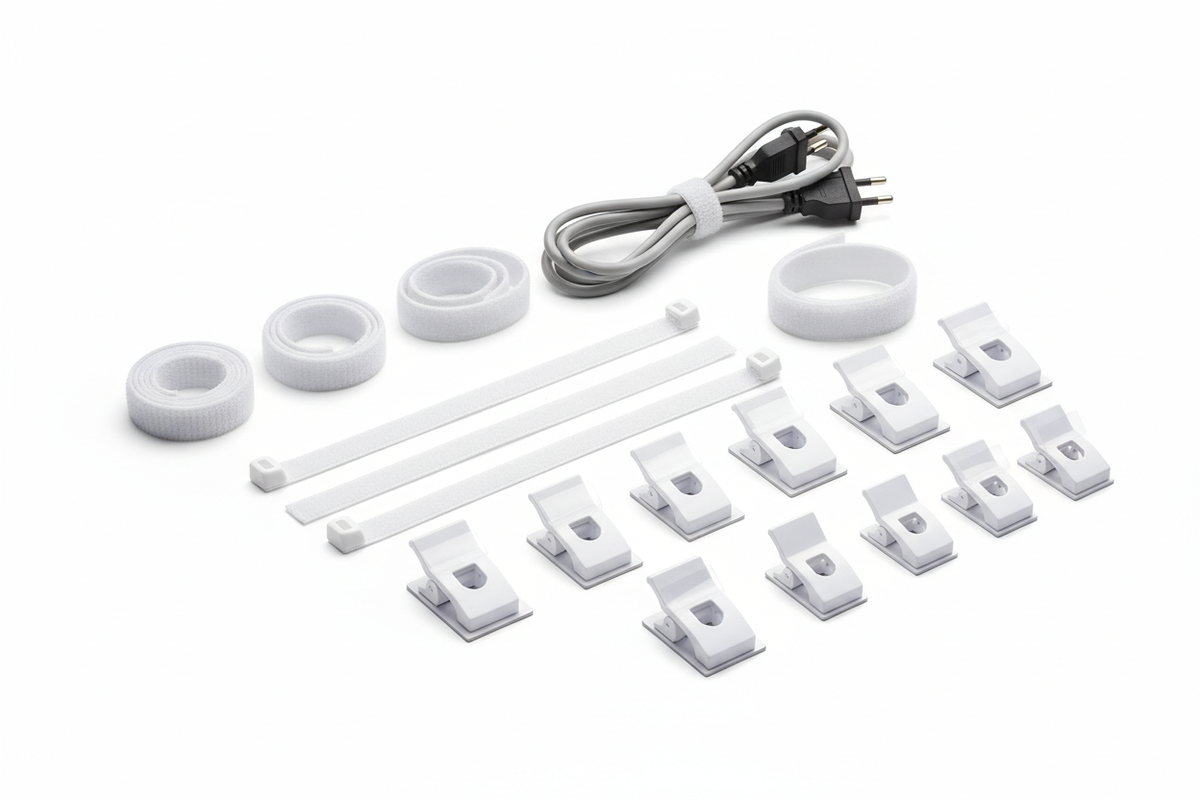Close up of velcro cable ties and adhesive clips