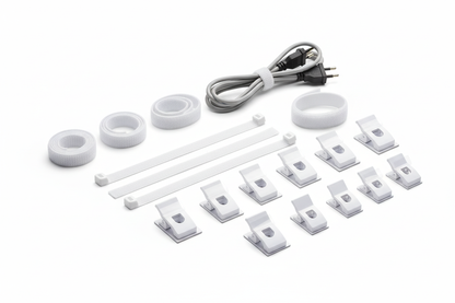 Close up of velcro cable ties and adhesive clips
