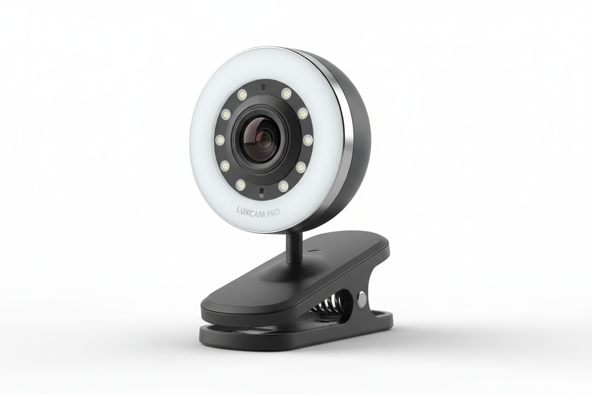 Webcam with ring light close up showing lens and LED ring
