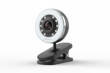 Webcam with ring light close up showing lens and LED ring
