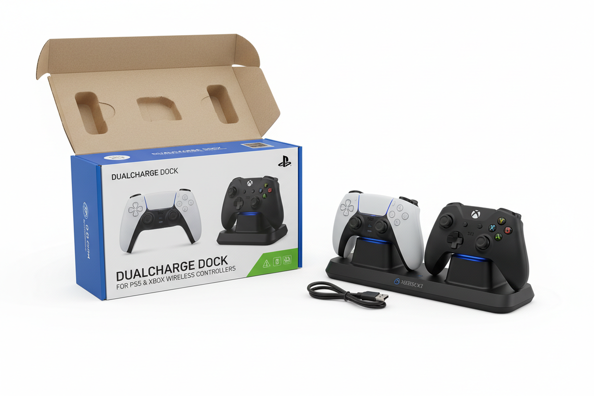Dual controller charging dock unboxing with packaging