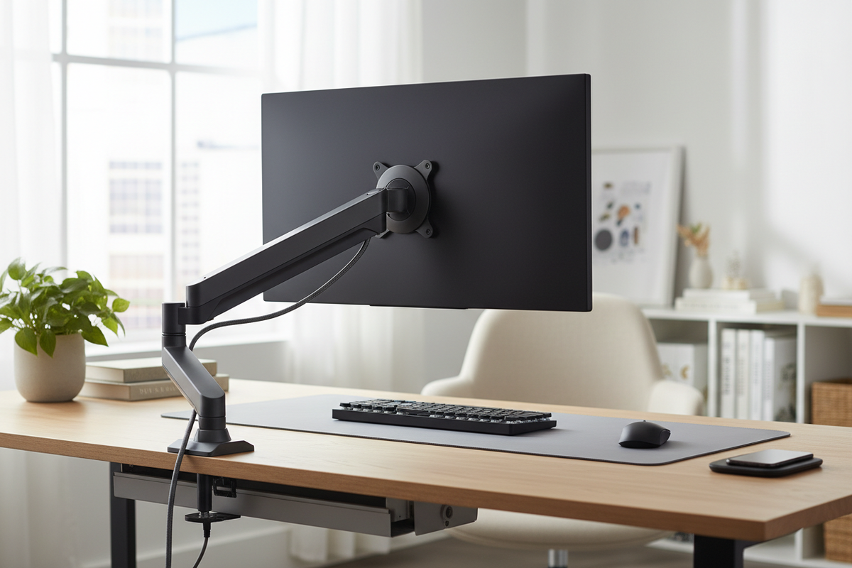 Single monitor arm mounted on desk edge with monitor floating at perfect height