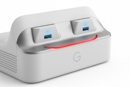 Close up of dual controller charging dock showing ports and LED lights