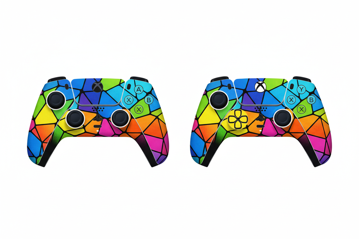PS5 and Xbox controller vinyl skin wrap colorful geometric design
