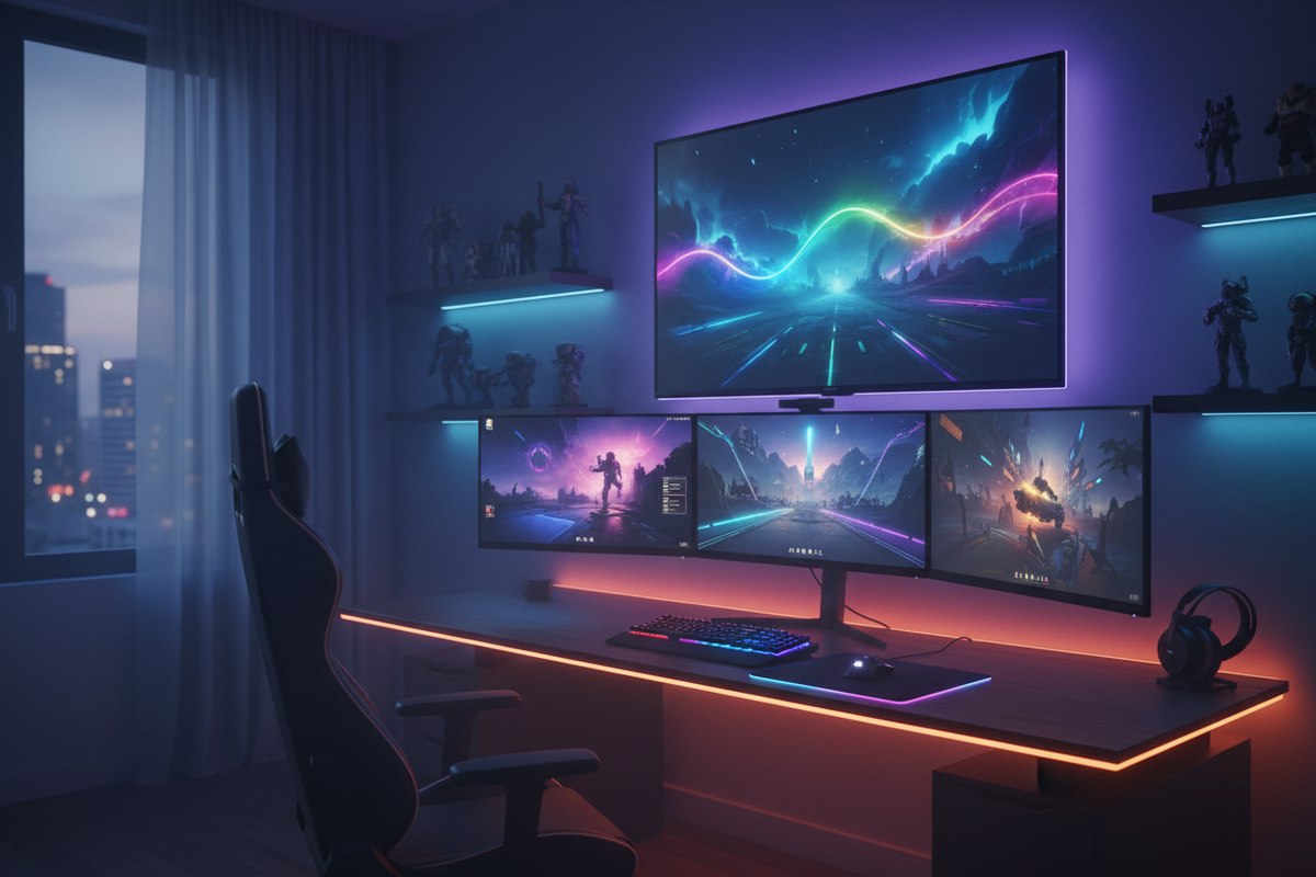 Gaming room with RGB LED strip lights behind TV and desk