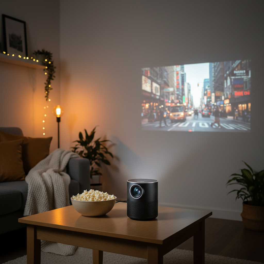Portable mini projector displaying a movie on a living room wall during a cozy home movie night