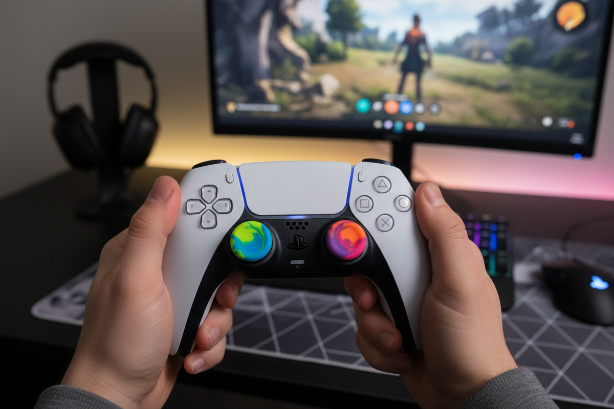 PS5 controller with colorful silicone thumb grips installed