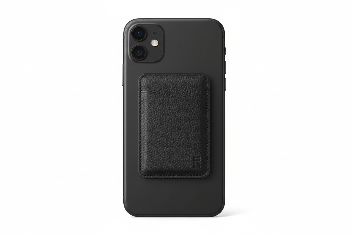 MagSafe wallet card holder attached to back of iPhone in black