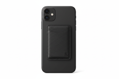 MagSafe wallet card holder attached to back of iPhone in black