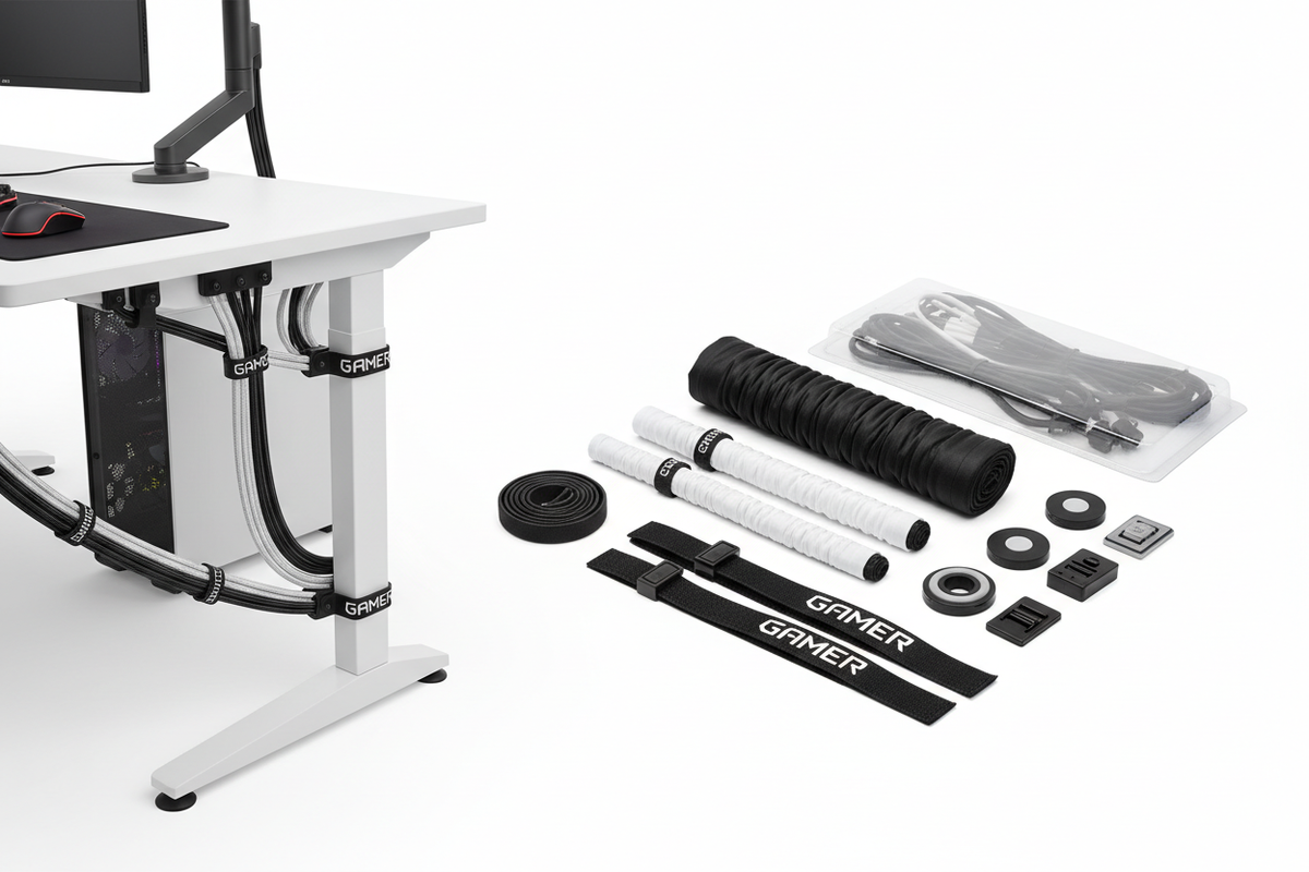 Cable management kit with velcro straps, cable clips and sleeves on desk