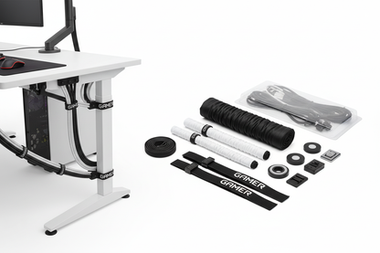 Cable management kit with velcro straps, cable clips and sleeves on desk