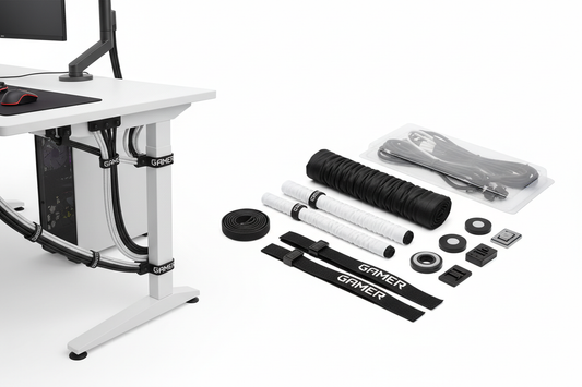 Cable management kit with velcro straps, cable clips and sleeves on desk
