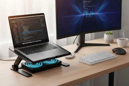 Laptop elevated on cooling stand on clean desk setup