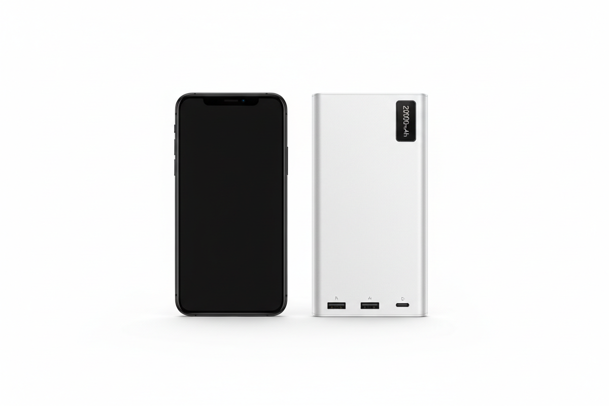 20000mAh power bank size comparison next to smartphone