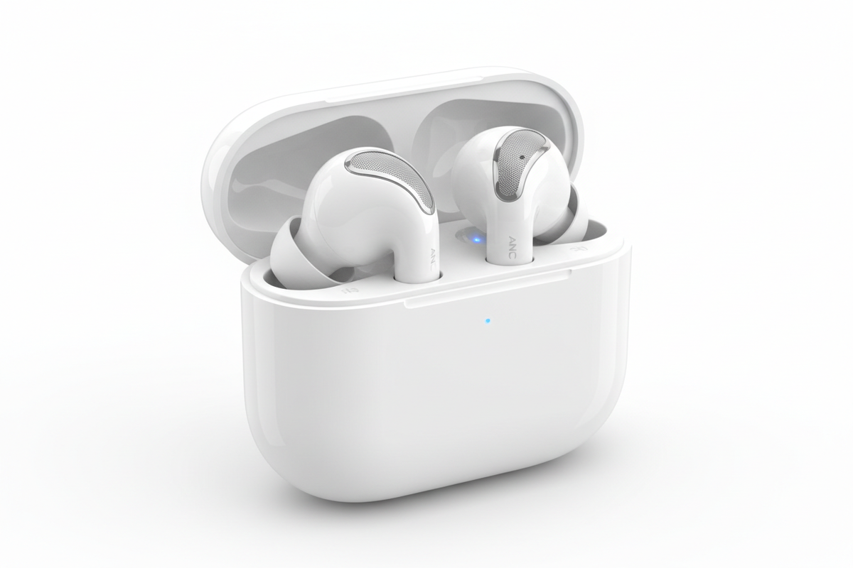 Wireless earbuds with charging case open on white background