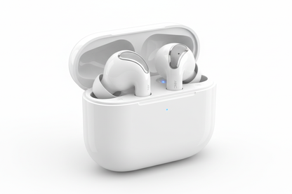 Wireless earbuds with charging case open on white background