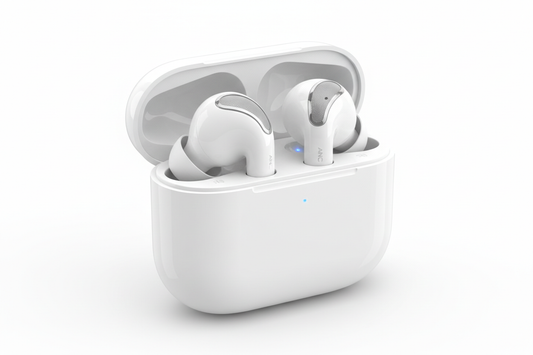 Wireless earbuds with charging case open on white background