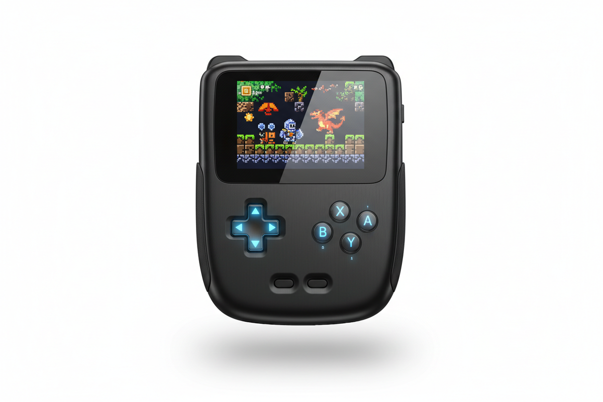 Retro handheld game console with classic pixel games on screen