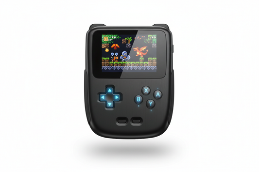 Retro handheld game console with classic pixel games on screen