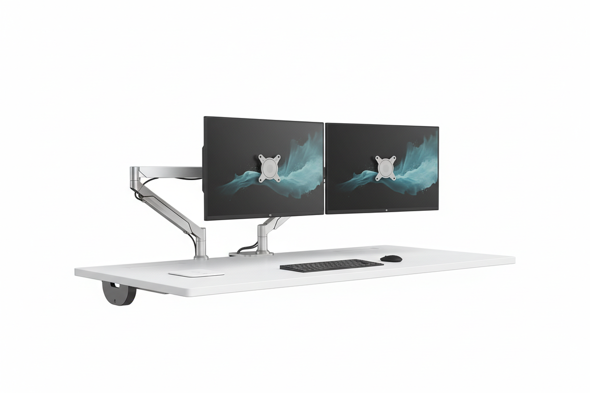 Dual monitor arm holding two monitors at eye level on clean desk