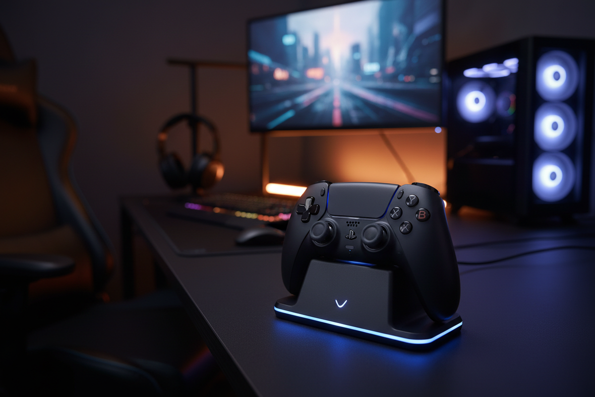 PS5 and Xbox controllers in dual charging dock with gaming room lighting