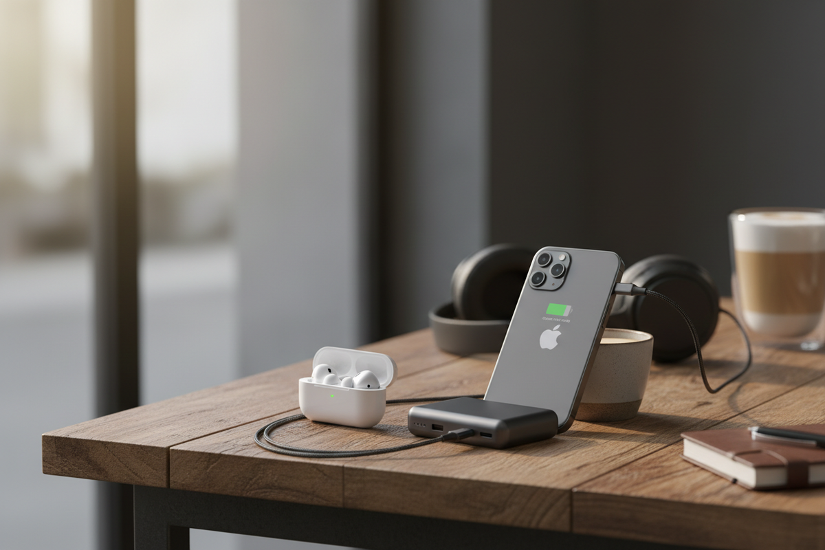 Power bank charging iPhone and AirPods at cafe