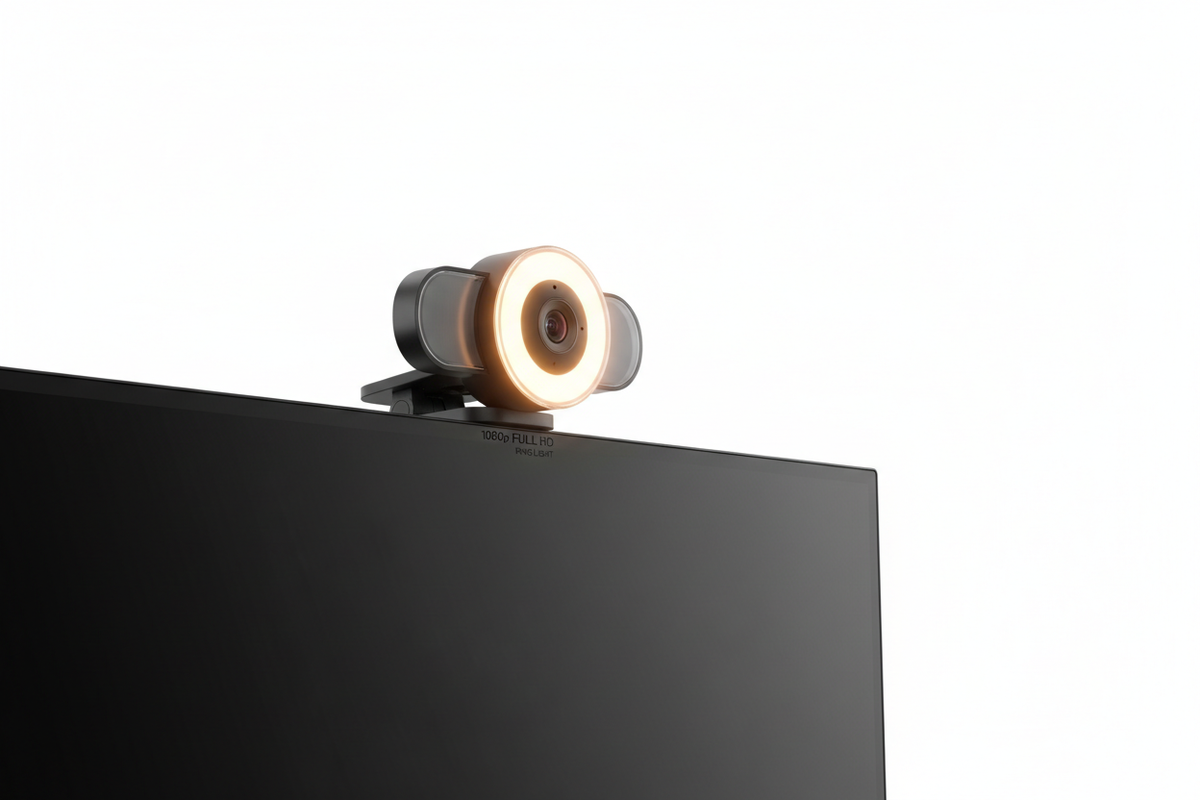 1080P webcam with built-in ring light clipped to monitor