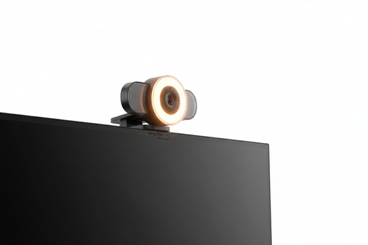 1080P webcam with built-in ring light clipped to monitor