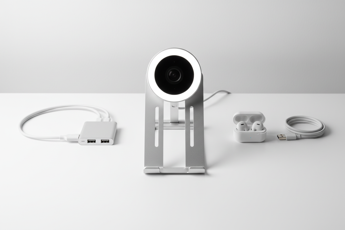 Work from home bundle flat lay with webcam, USB-C hub, laptop stand and wireless earbuds