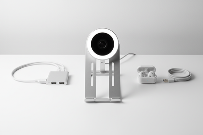 Work from home bundle flat lay with webcam, USB-C hub, laptop stand and wireless earbuds