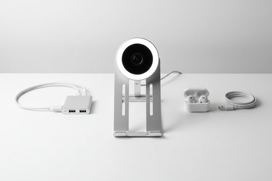 Work from home bundle flat lay with webcam, USB-C hub, laptop stand and wireless earbuds