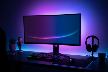 RGB LED strip lights behind monitor on gaming desk